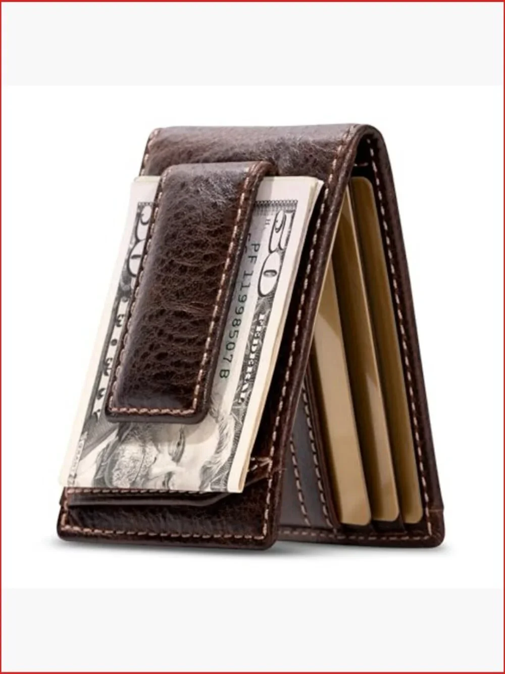 Bifold Money Clip Wallet with Super Strong Magnetic Clip, Full Grain Leather,